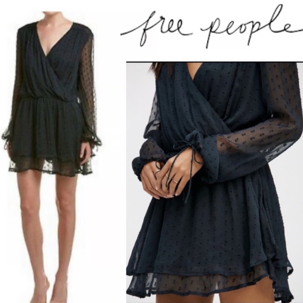 Free People Daliah Mini Dress Long Sleeve Deep Blouse Size S| Whimsical Dots